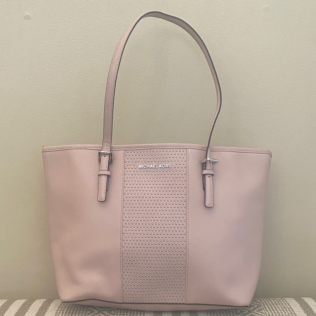 Mk Michael Kors Jet Set Micro-Stud Stripe Saffiano Bag Blush Pink. Travel Tote